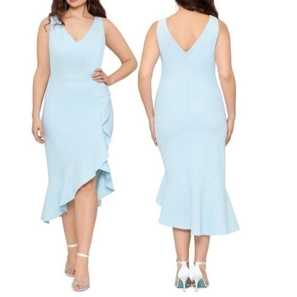 XSCAPE PLUS "PAMELA" V-NECK Asymmetrical RUFFLE SCUBA CREPE DRESS in Aqua Blue